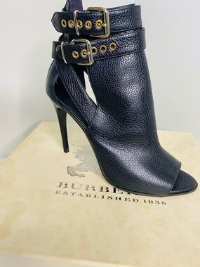 Burberry Black Leather Peep-Toe Stiletto Ankle Boots with Buckles. Authentic.